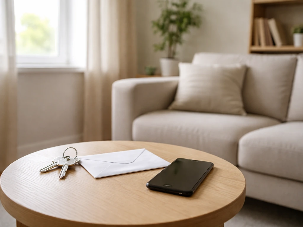 Minimal apartment corner with keys, envelope, and a phone—symbolic housing and lifestyle signals.