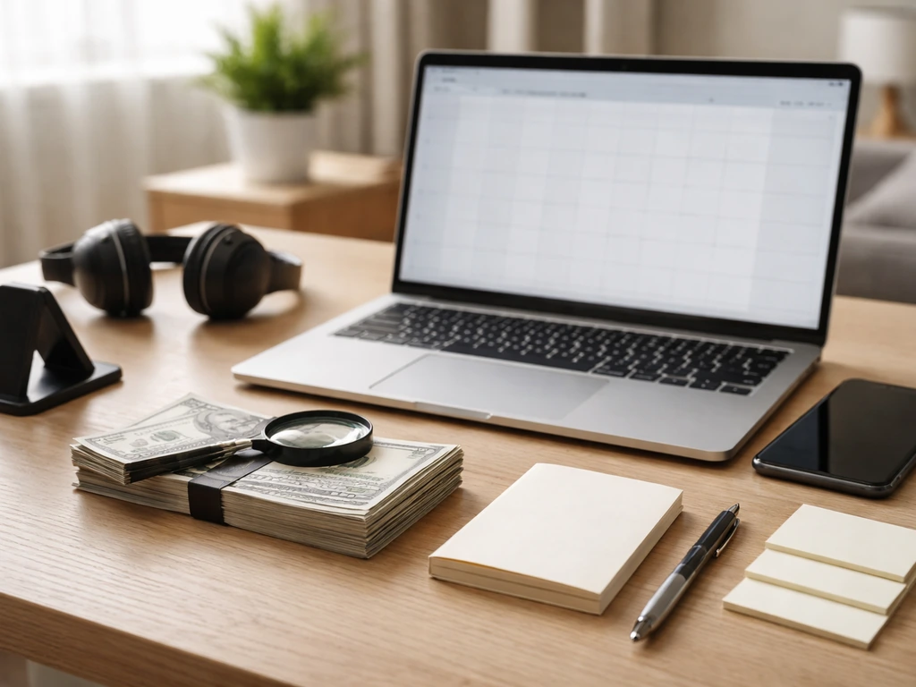 Minimal desk scene with laptop and blank notes suggesting cross-checking contract and earnings data.