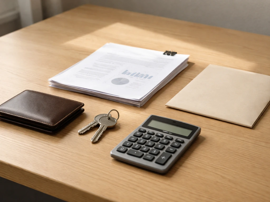 Minimal photo of a financial desk setup with a wallet, keys, and papers suggesting net worth assets minus liabilities.
