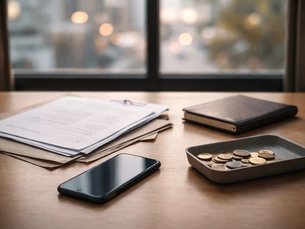 Minimal office desk scene with anonymous financial documents and a smartphone showing money-themed bokeh.