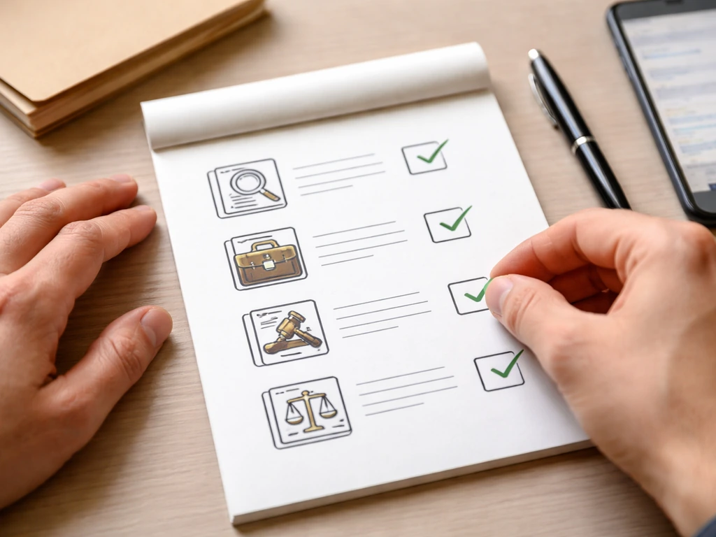 Anonymous hands marking a simple checklist with check icons and legal documents on a desk.