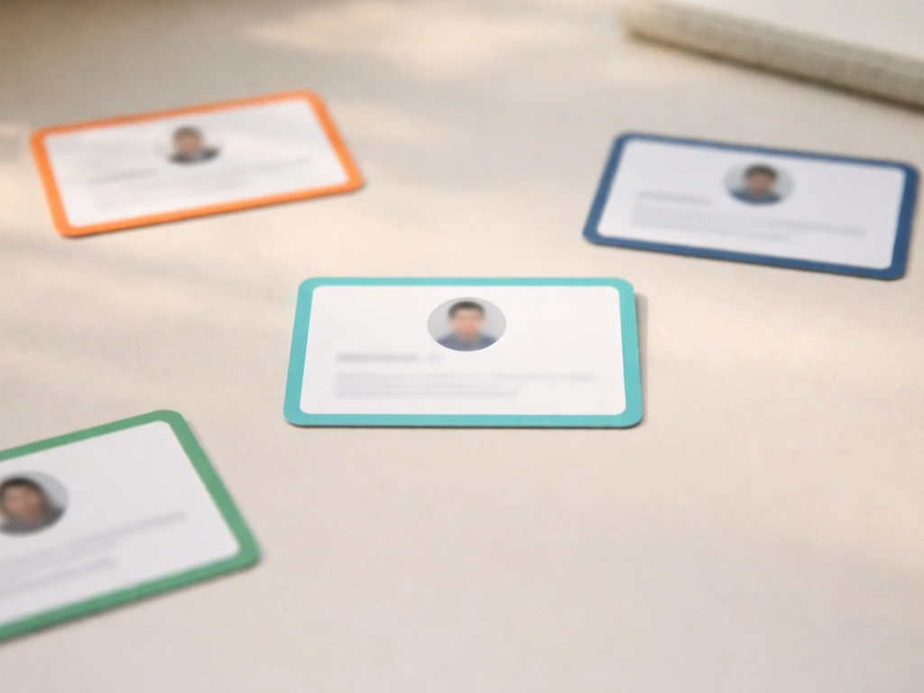 Minimal desk scene showing several blurred identity cards, one card slightly highlighted to suggest disambiguation.