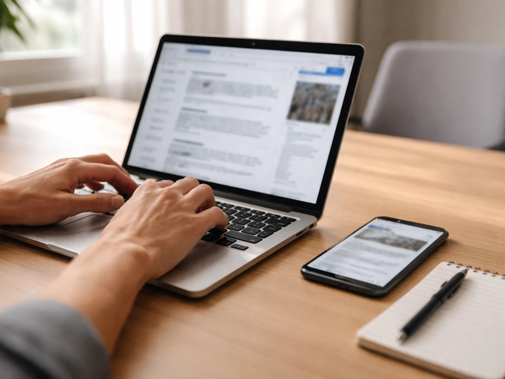 Minimal desk scene with laptop and phone showing blurred research pages and blank notes for estimating wealth.