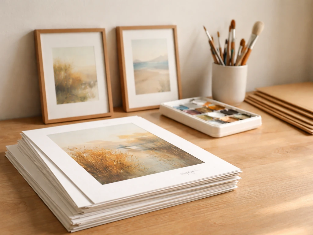 Studio tabletop with limited-edition prints, small framed artworks, and paint tools beside kraft mailers.