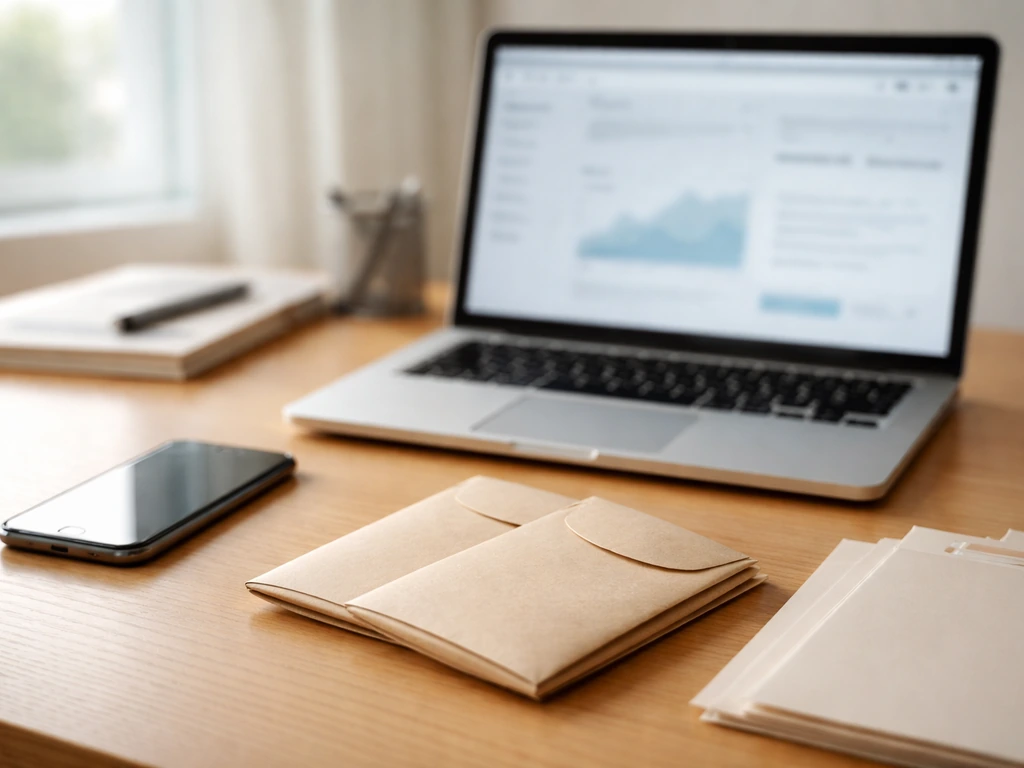 Minimal photo of a tidy desk with a laptop, phone, and cash envelopes symbolizing verifying public records