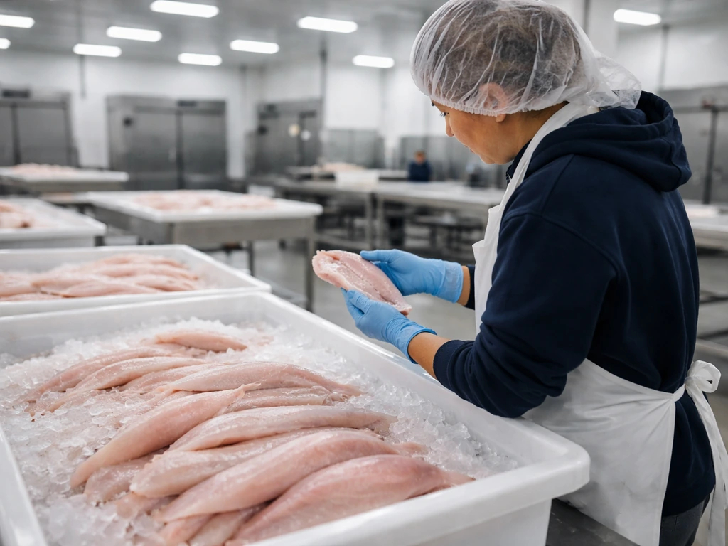 Anonymous worker at a seafood processing facility with bins of fish on ice, hinting at a company ownership base