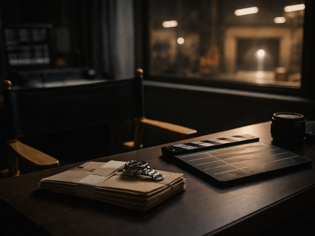 Minimal Hollywood studio desk with studio light through window, film gear, and plain cash envelopes.
