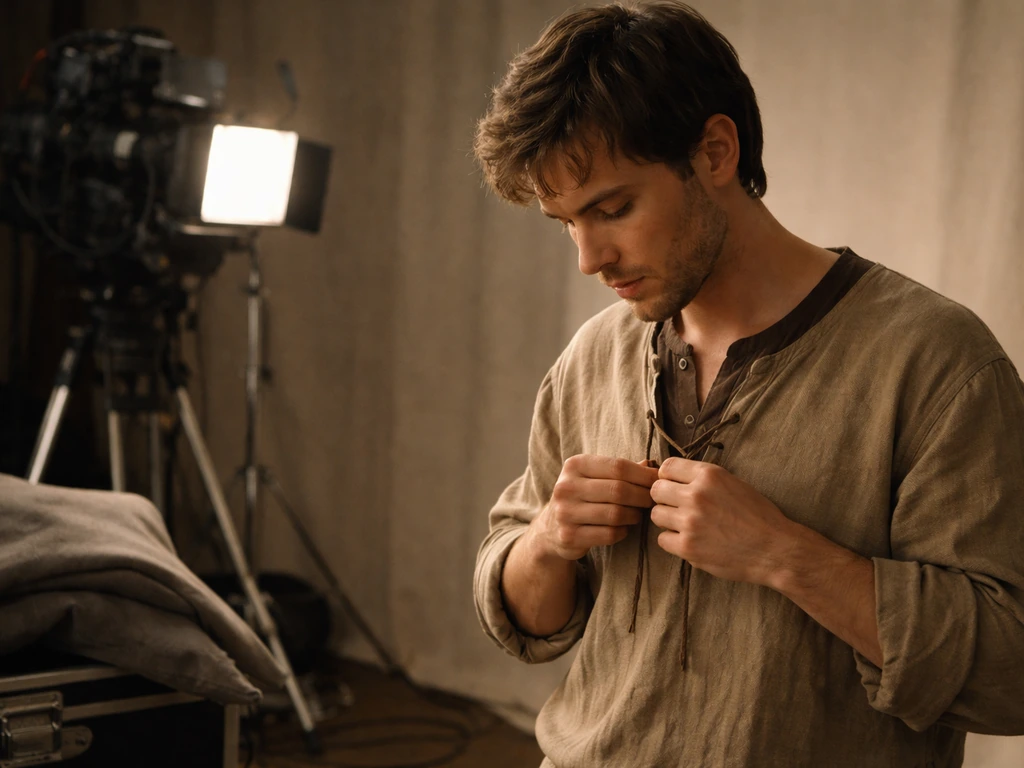 An anonymous actor on a film set adjusts a costume piece under soft natural light.