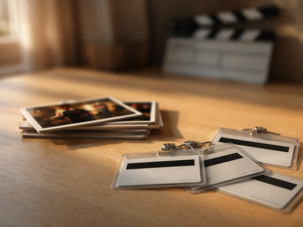 Simple film set background with softly blurred movie stills and credit cards suggesting acting income sources
