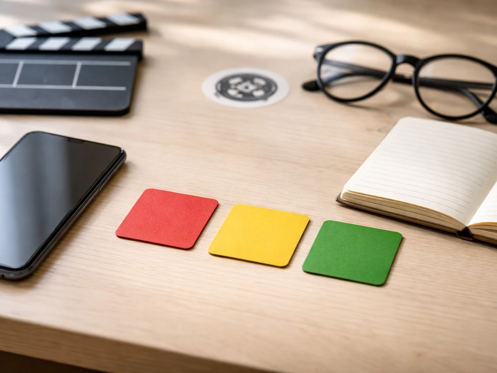 Close-up of a tablet beside a notebook, with abstract “source quality” red/yellow/green cards and media icons