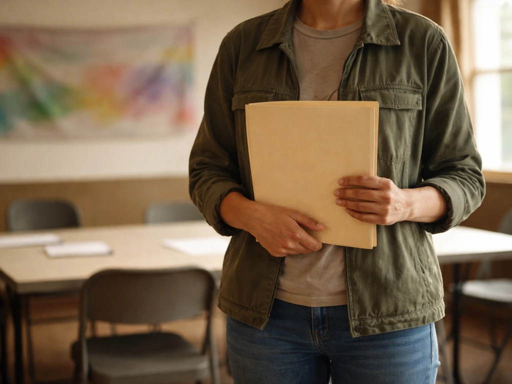 Anonymous volunteer holding a folder in a small community room with a simple campaign-style banner backdrop