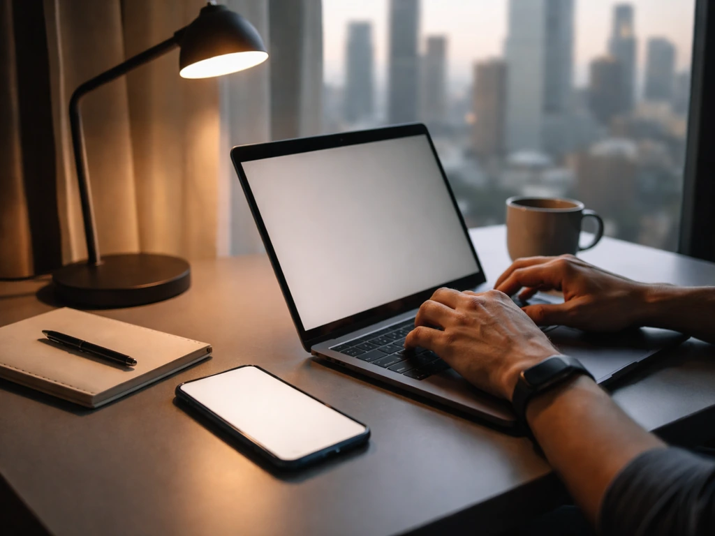 Anonymous hands researching on a laptop at a desk with a blurred city skyline outside the window.