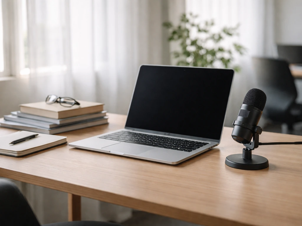 Minimal office desk scene with an open laptop and a focused microphone, symbolizing a tech leader’s public presence
