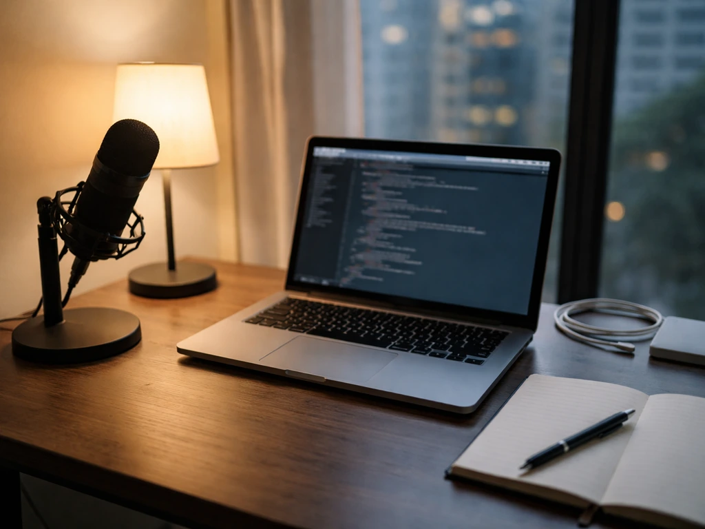 Tech workspace with laptop, microphone, and a handwritten notebook, symbolizing a career growth journey