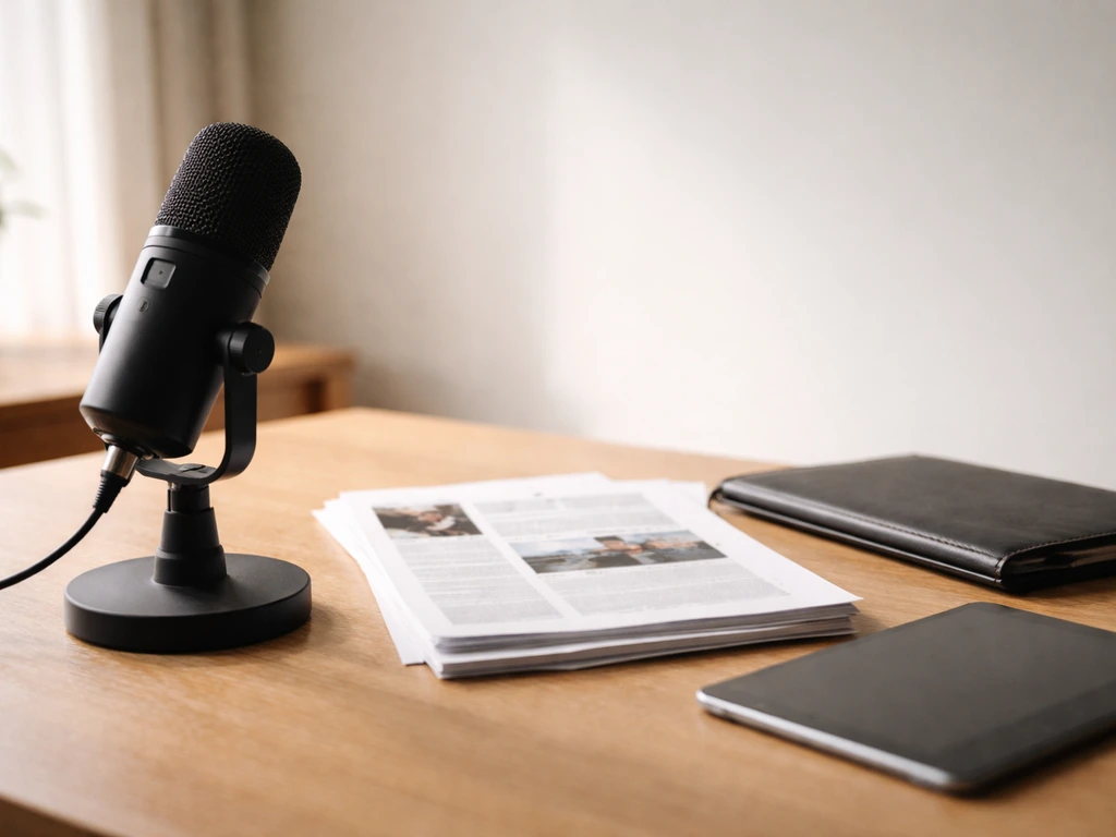 Minimal desk scene with a microphone and financial documents suggesting media coverage and wealth verification.