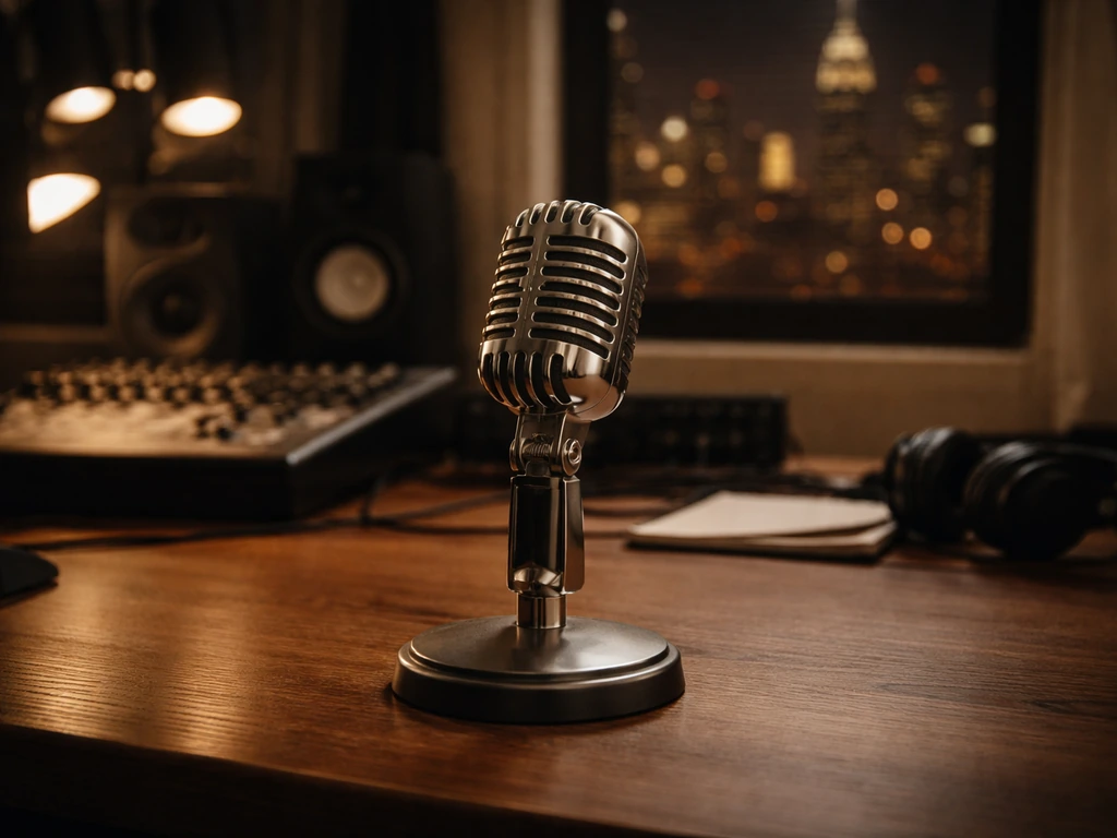 Minimal studio scene with a vintage microphone and warm city-night light, suggesting an actor-singer profile