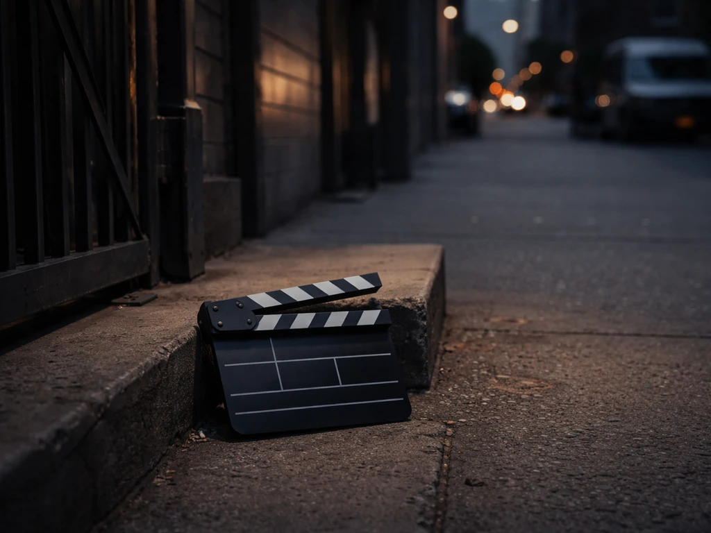 Minimal on-set scene with film clapperboard and soft streetlight glow outside a studio entrance