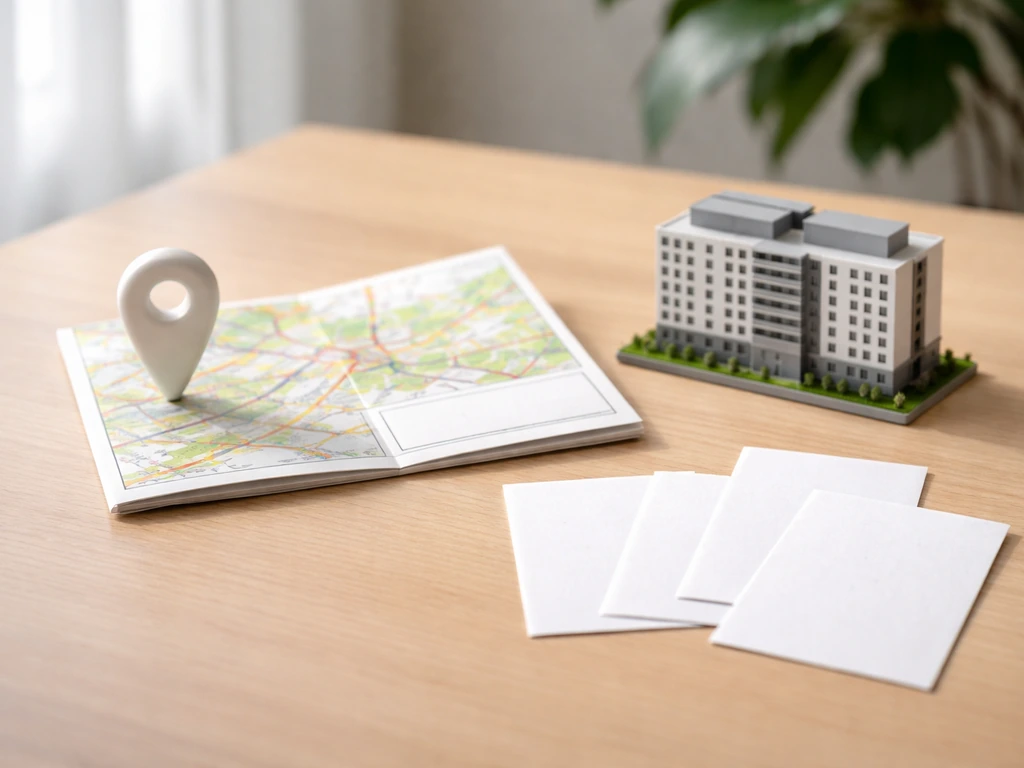 Minimal desk scene with a blank map pin, a building model, and plain document cards for verification.