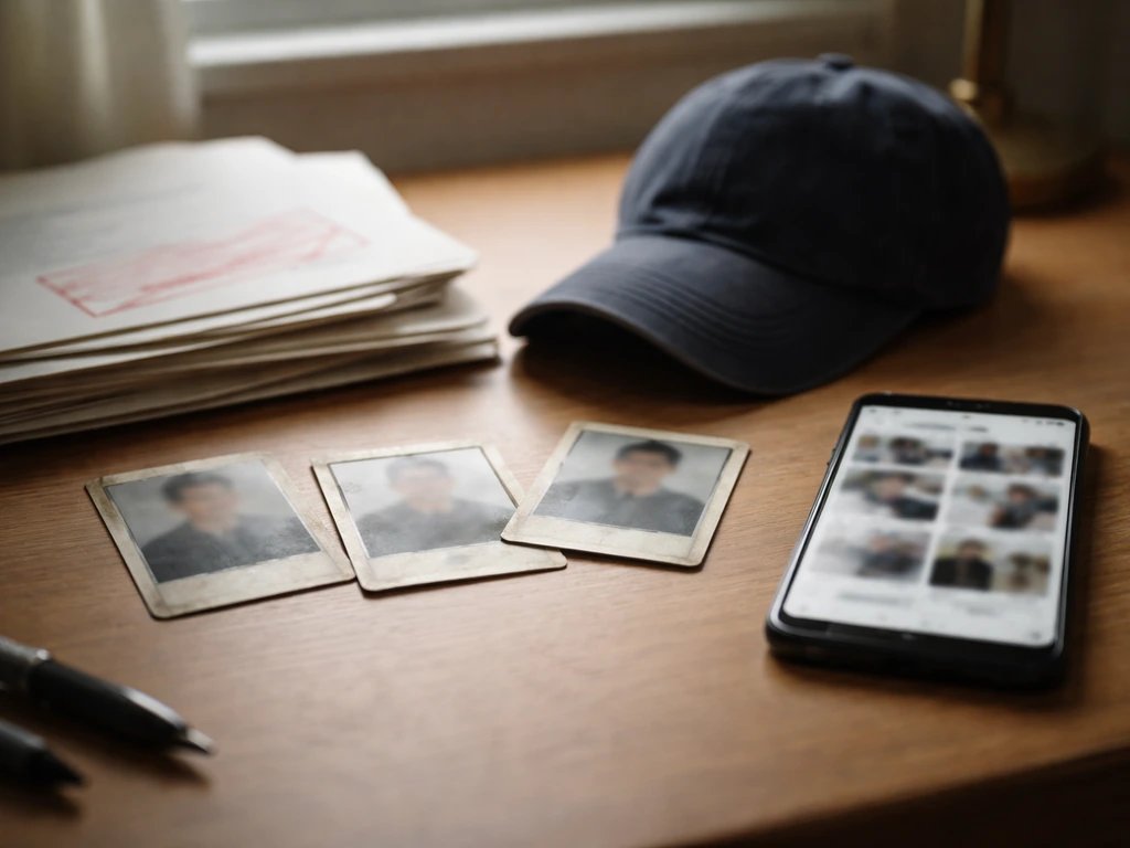 Minimal desk scene with baseball items and blurred phone screen suggesting searching for the right person.
