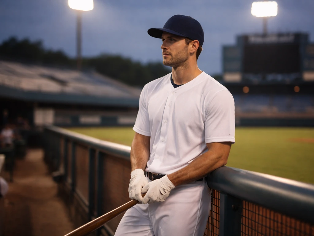 Anonymous foreign baseball player near the CPBL dugout with a blurred scoreboard and stadium lights at dusk.