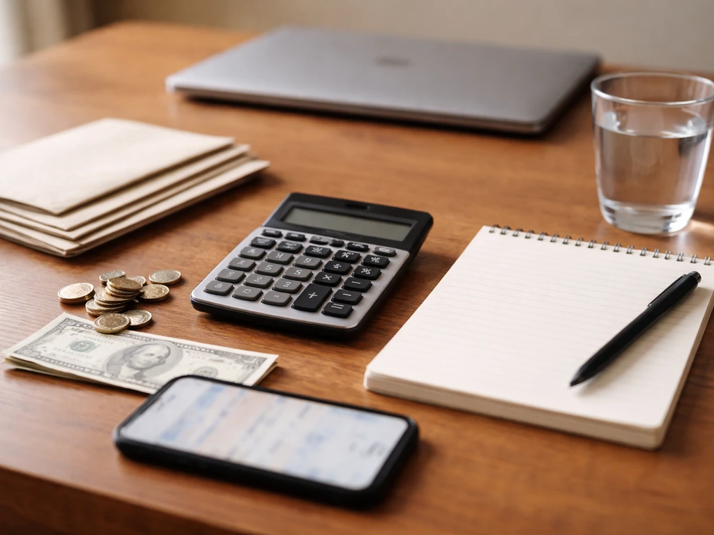 Minimal desk scene with calculator, coins, blank notepad, and blurred phone—symbolic of building a net worth estimate.