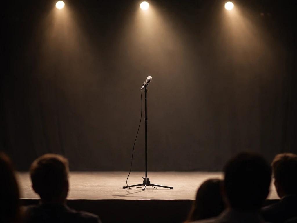 Speaker on a minimalist stage with a handheld microphone and soft stage lights, symbolic of keynote fees