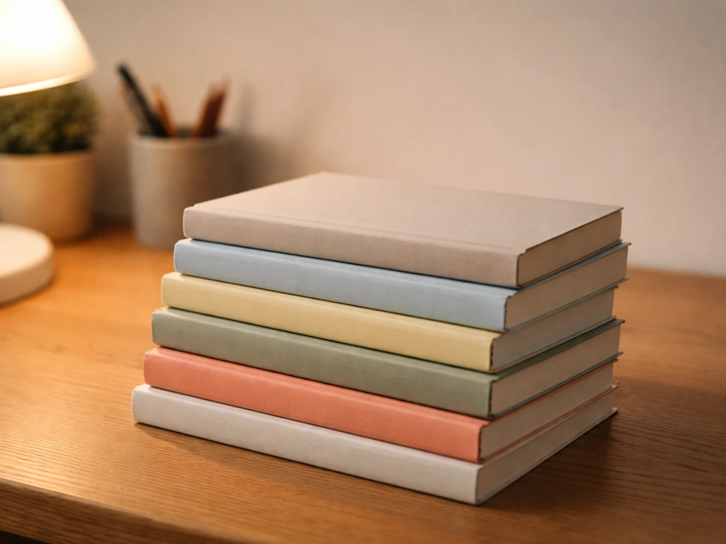 Close-up of stacked motivational books with worn covers and a warm desk lamp glow