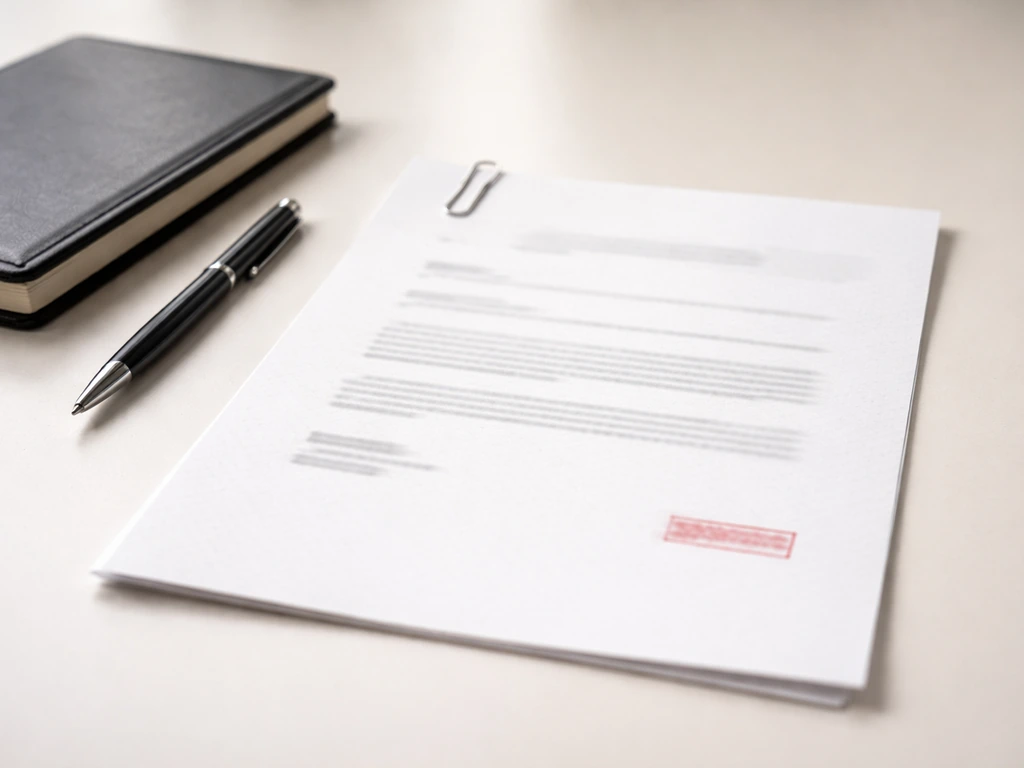 Close-up of a business document page with blurred fields on a desk with notebook and pen.