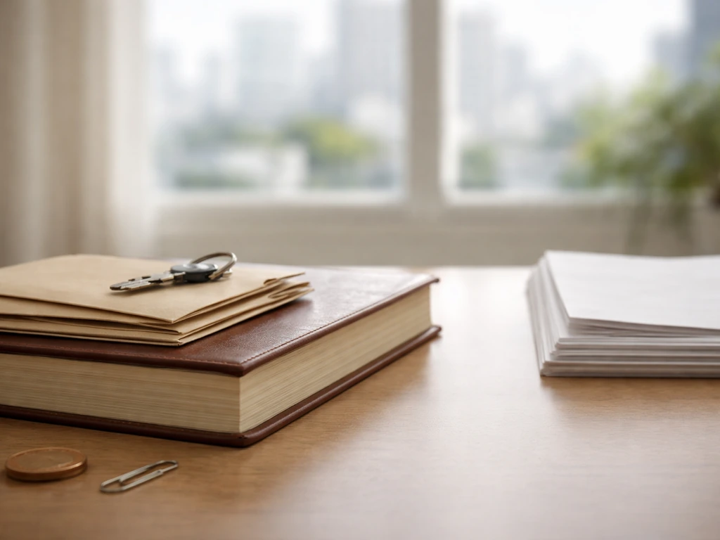 Minimal office desk scene with unbranded ledger and money symbols arranged as assets minus liabilities at a moment.