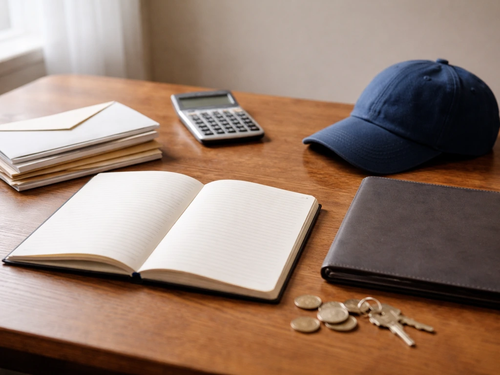 Minimal desk scene showing framed documents, a baseball cap, and a calculator beside bank envelopes