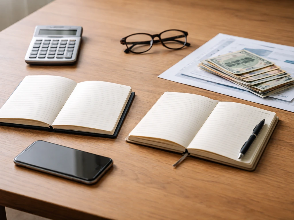 Minimal office desk with calculator, blank phone, notebooks, and cash suggesting differing valuations.