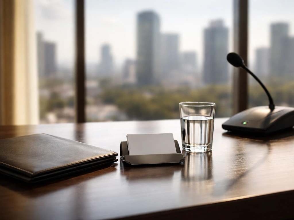 Modern executive desk with portfolio and conference phone, city skyline visible through windows, no people.