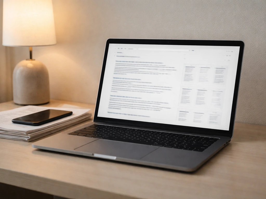 Laptop on a desk showing blurred search results and documents for verifying an estimate.