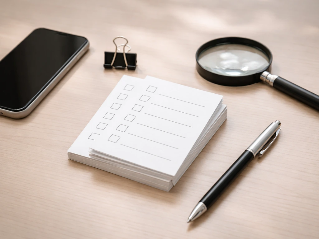 Minimal desk with checklist cards, magnifying glass, and smartphone suggesting a figure sanity-check.