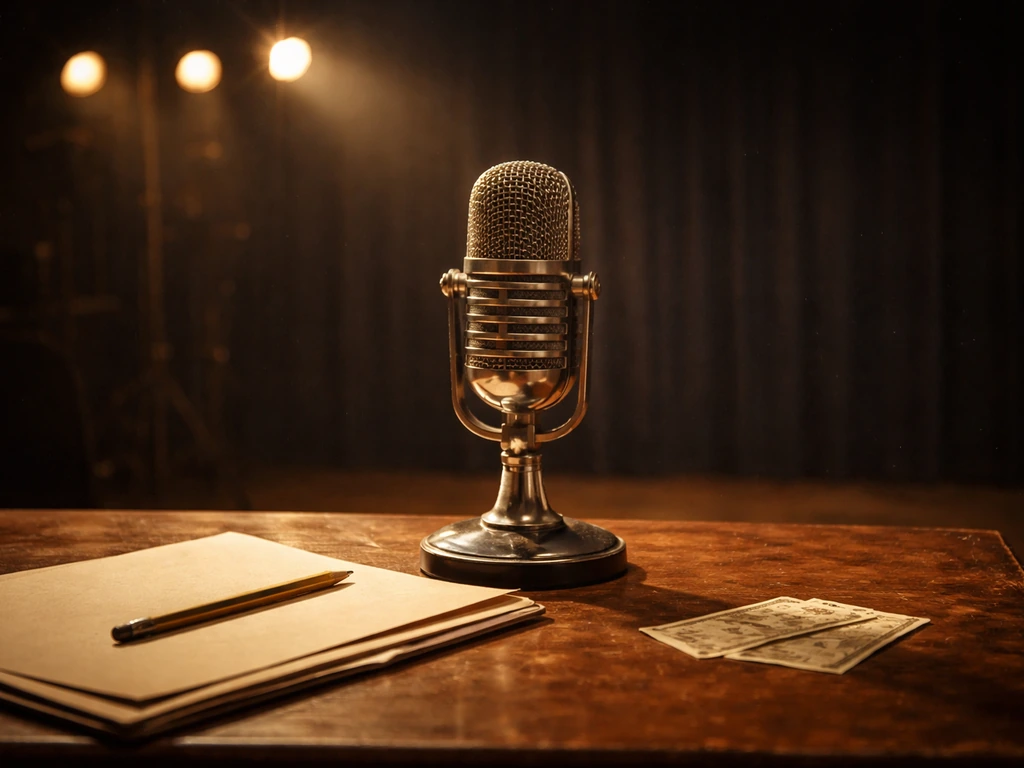 Archival-style studio desk with a vintage microphone and theater props, evoking classic comedy media work.