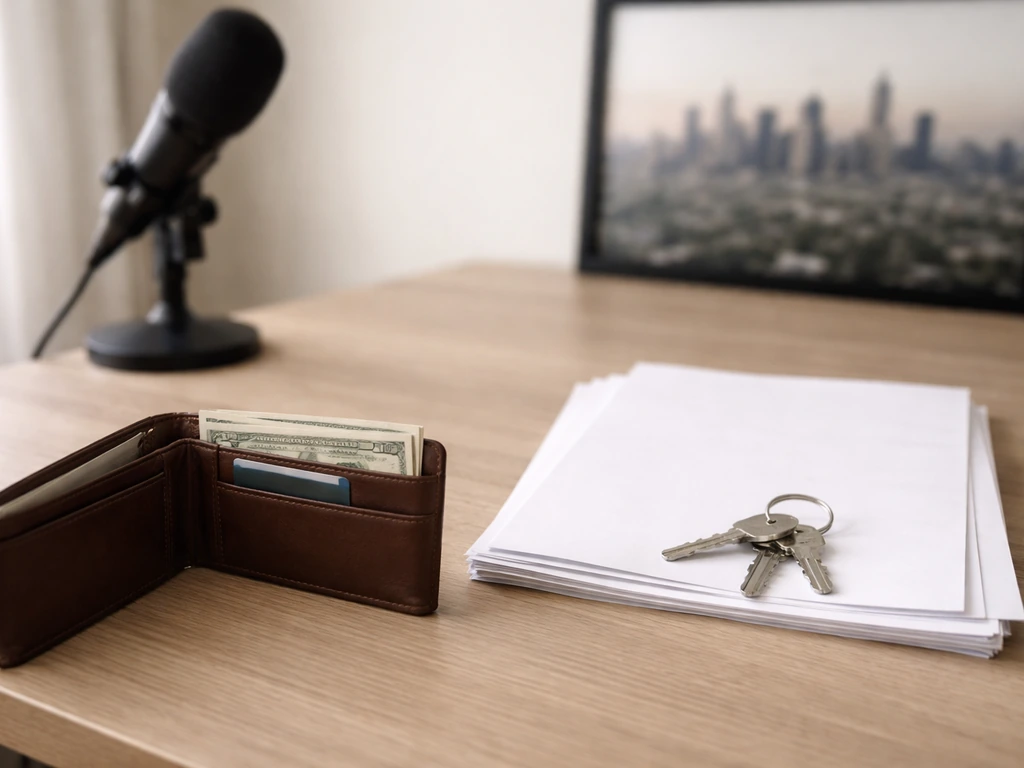 Minimal desk scene with wallet, credit card, keys, blank documents, and a studio microphone symbolizing assets minus lia