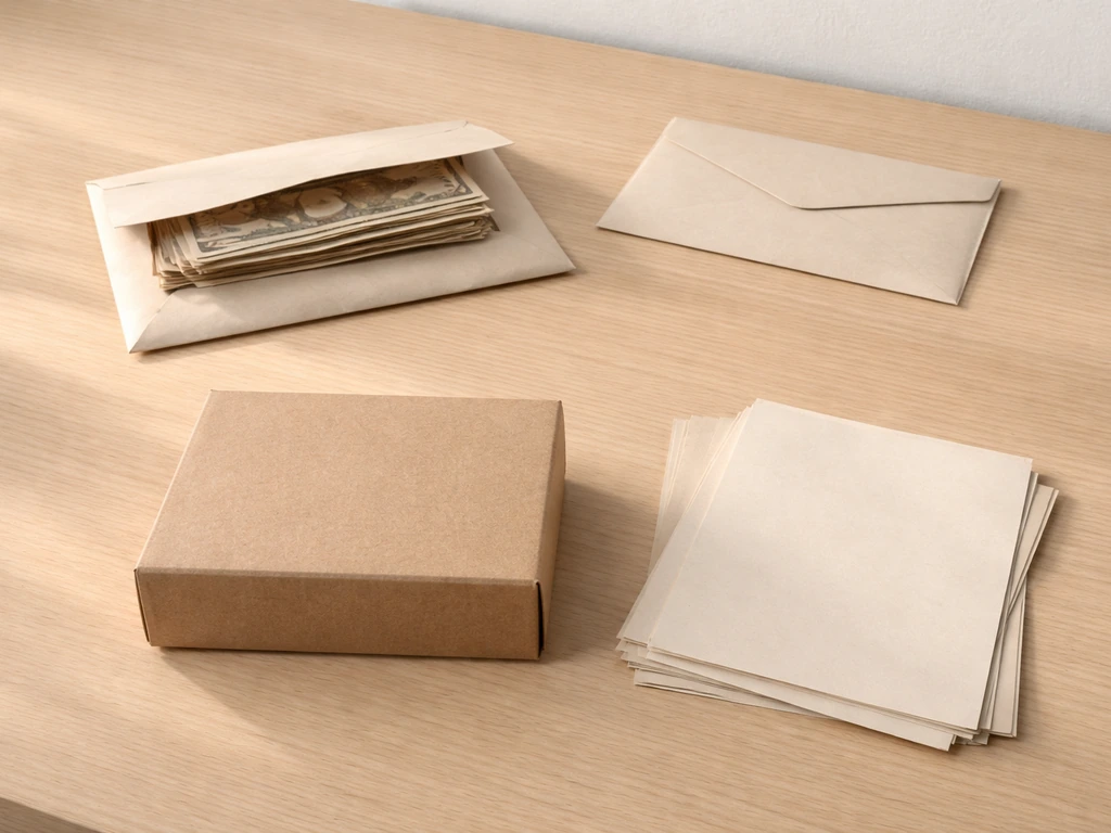 Minimal timeline-style photo of a money envelope on a desk leading to scattered documents and a closed box