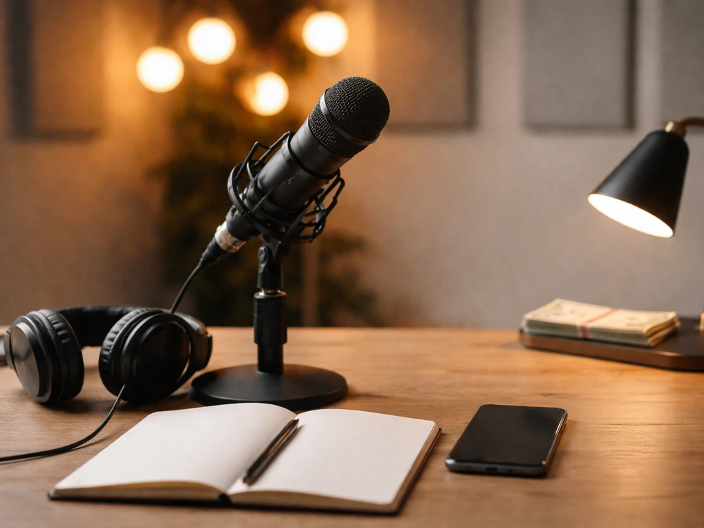 Anonymous entertainment studio desk with microphone, headphones, and money symbolism for net worth research.