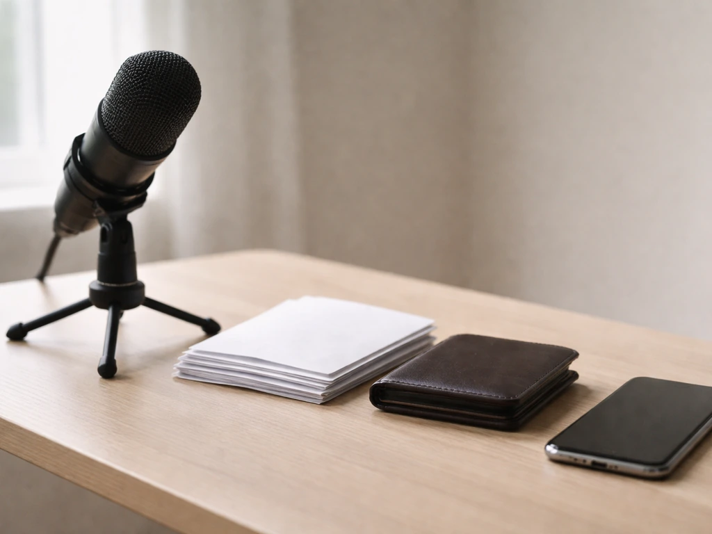 Minimal desk scene with microphone and wallet symbolizing income vs excluded cash-on-hand.