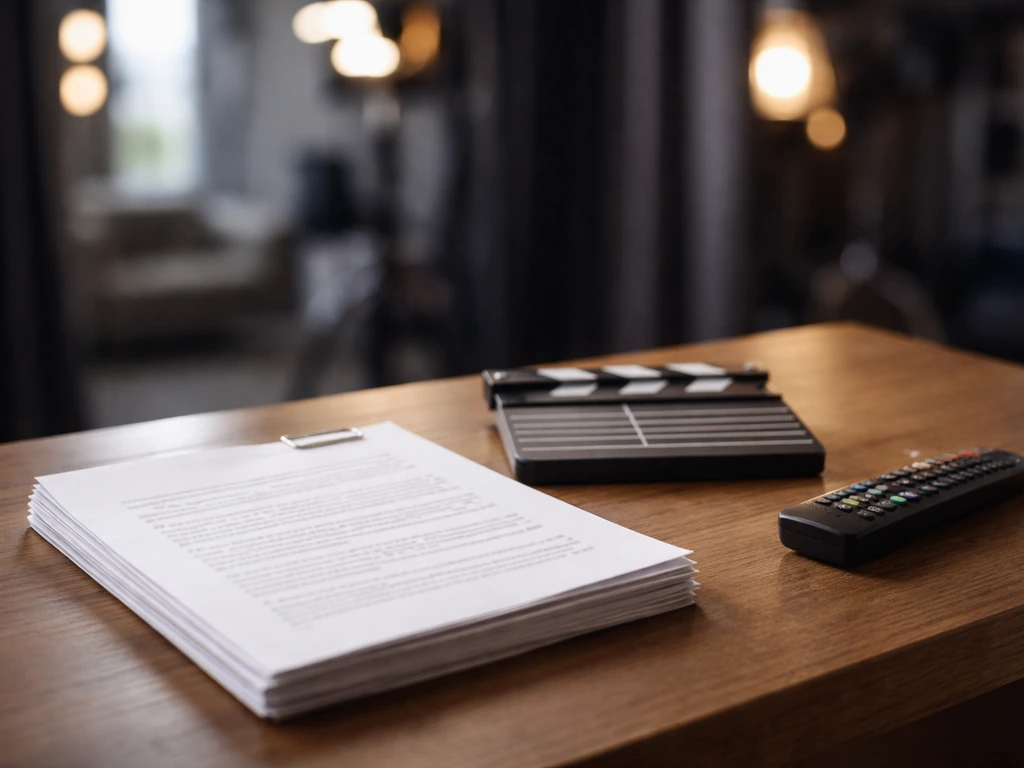 Minimal desk scene with an unsigned episode contract and a small film clapboard beside a TV remote