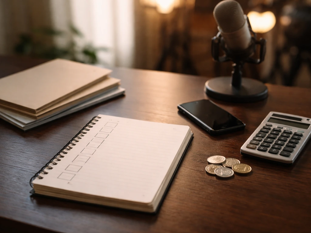 Minimal desk scene with blank checklist pages, calculator, coins, and a studio microphone, suggesting net-worth calculat