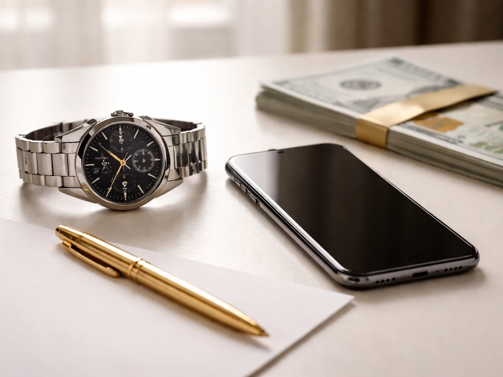 Minimal desk scene with luxury watch, smartphone, and cash-free wealth estimation concept