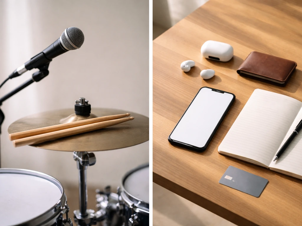 Music gear and a small business desk setup representing two career income streams.
