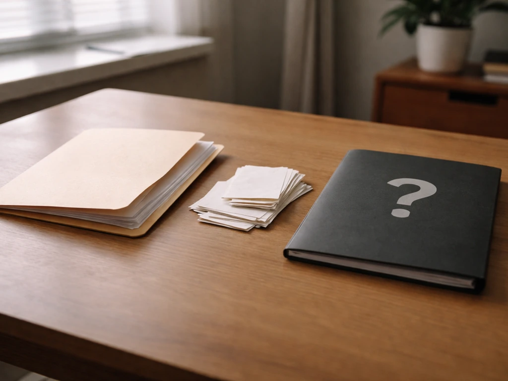 Minimal desk scene with two folders—one labeled as known evidence, one as unknown—no readable text