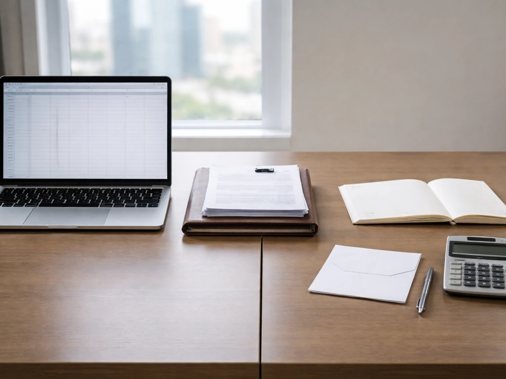 Minimal desk scene with laptop, documents, calculator, and separate items symbolizing assets and liabilities.