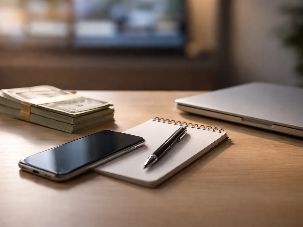 Anonymous desk with smartphone, laptop, notepad, pen, and some cash symbolizing public income estimate.