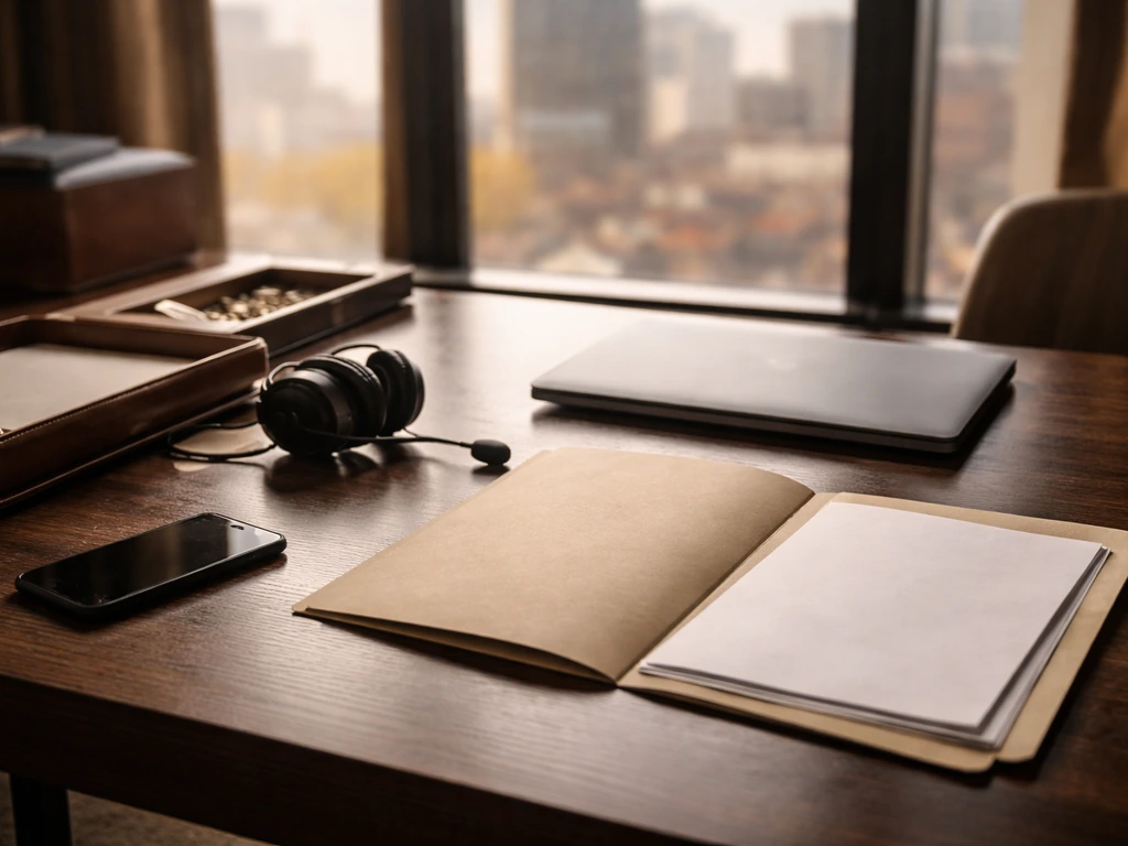 Minimal upscale office desk with headset and documents, city window light—symbolic finance/business research hero image.