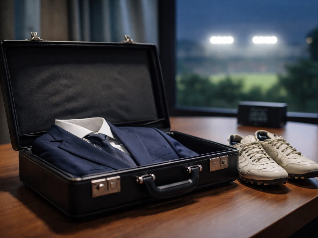 Open briefcase with suit and football boots on a desk, hinting at European transfer-market context.