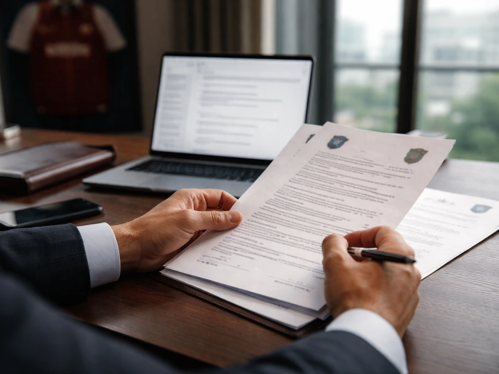 Football agent reviewing transfer paperwork beside a laptop in a quiet office